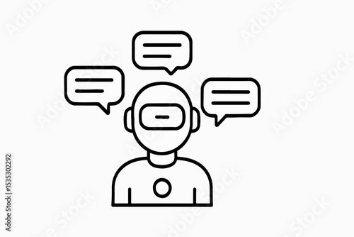 Line art illustration of a futuristic robot with speech bubbles symbolizing AI communication chatbot technology and automated customer service solutions in a minimalist design This