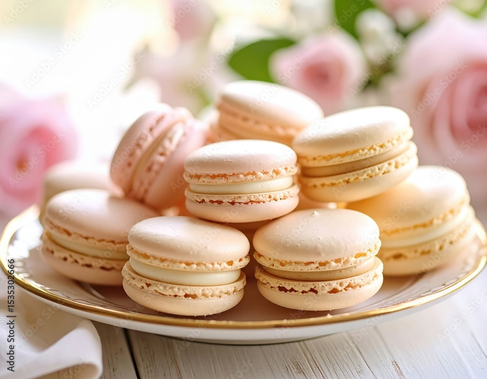 Fototapeta premium Stacked Pink Macaroons On Plate With Roses