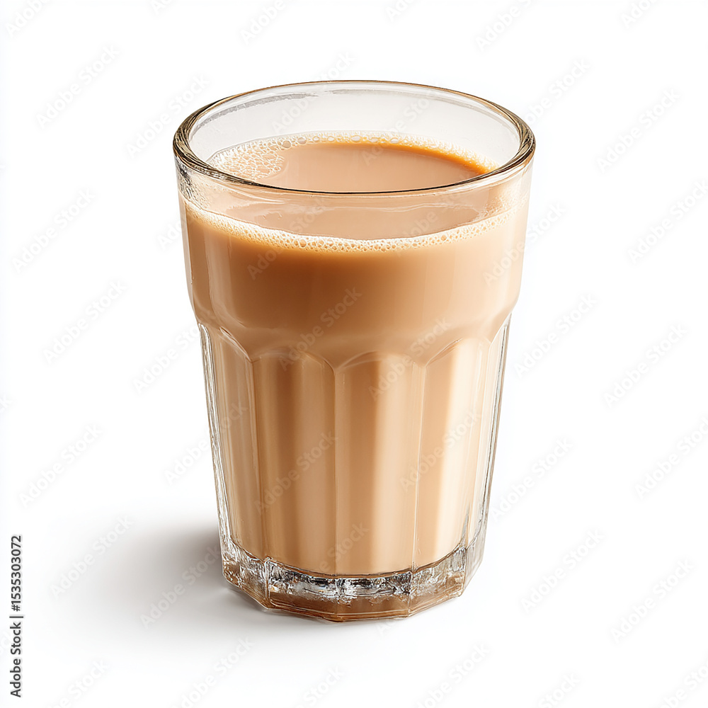A glass milk tea filled with light brownish, white background A glass milk tea filled with light brownish, white background