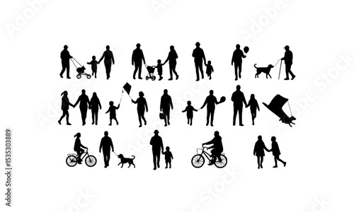 Outside activities icon black silhouettes depict families enjoying various outdoor activities. Suitable for website icons, brochures, and infographics.