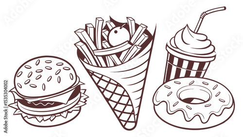 Delicious Fast Food Illustration Burger, Fries, Soda, and Donut
