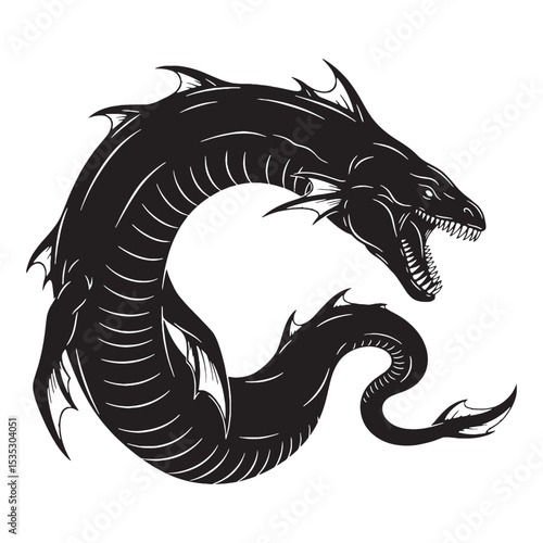 Powerful Leviathan Mythical Sea Beast Outline Vector, Showing Its Strong Body and Sharp Claws - leviathan silhouette - leviathan vector - silhouette of leviathan
