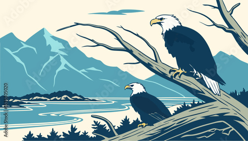 A council of eagles, 21 in all, perches on driftwood at Alaska's Kachemak Bay on blue huge mountains and sea 