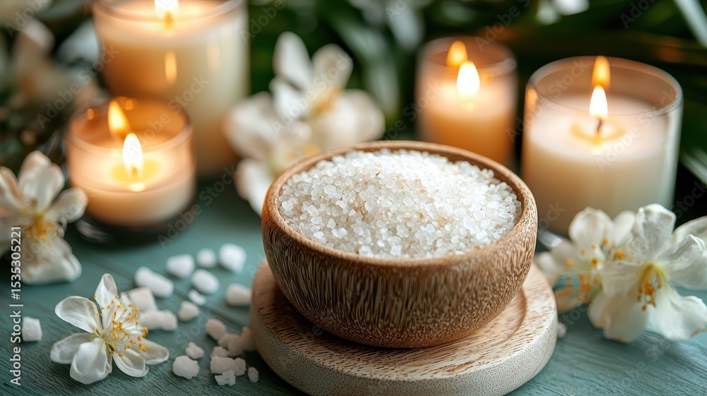 Mental wellness with spa and balance idea. Spa ambiance with candles, flowers, and salt in a wooden bowl. Mental wellness with spa and balance idea. Spa ambiance with candles, flowers, and salt in a wooden bowl.