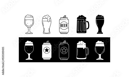 Simple black and white beer icons in various glasses and cans, suitable for brewery websites, menus, and beveragerelated designs.