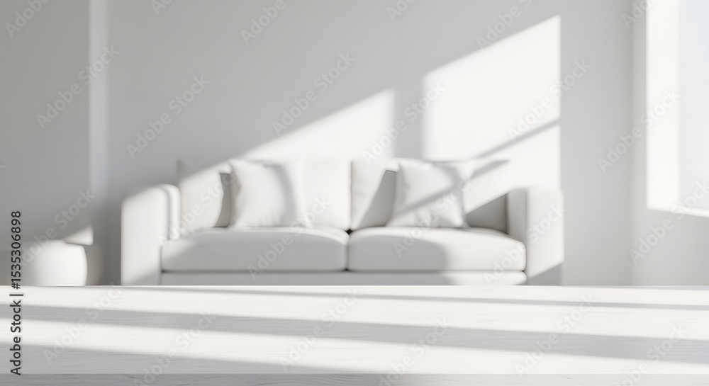 Fototapeta premium Minimalist White Interior with Couch and Table, Photograph