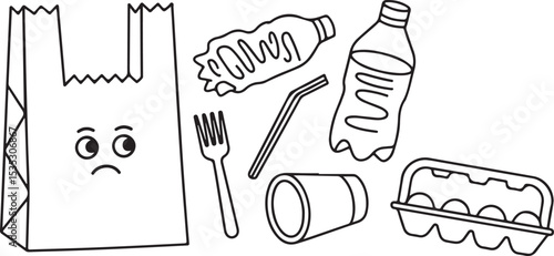 sad paper bag with various plastic waste items outlined black and white eco awareness concept illustration