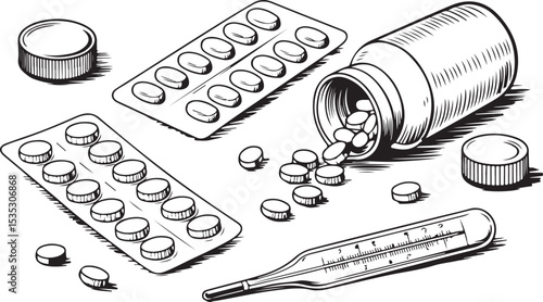 pills thermometer and medicine containers scattered black and white vintage style pharmacy illustration