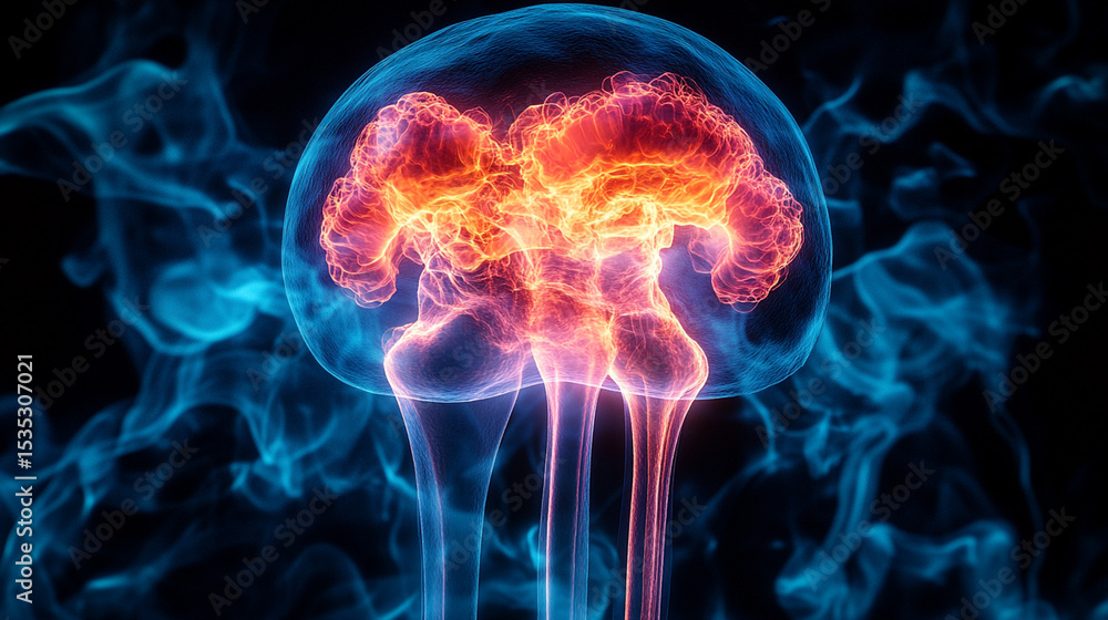 Fiery brain in smoky space, neural activity concept Fiery brain in smoky space, neural activity concept