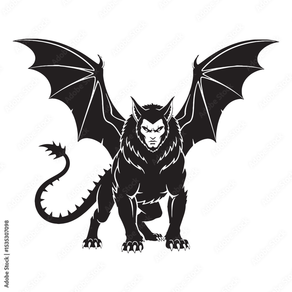 Obraz premium Majestic Manticore Legendary Monster Shape Illustration, Standing Tall and Ready - manticore silhouette - manticore vector - silhouette of manticore 