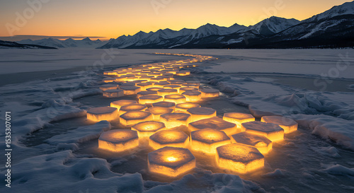 Fototapeta Naklejka Na Ścianę i Meble -  Illuminated ice cubes create a glowing path towards majestic mountain peaks at dusk, ice, cubes, illuminated, glowing, pathway, trail, scenic, landscape, winter, cold, snow, sunset, dusk, mountains, s