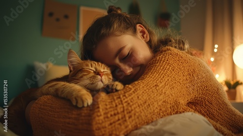 Teen Girl Cuddling Adopted Cat on Bed