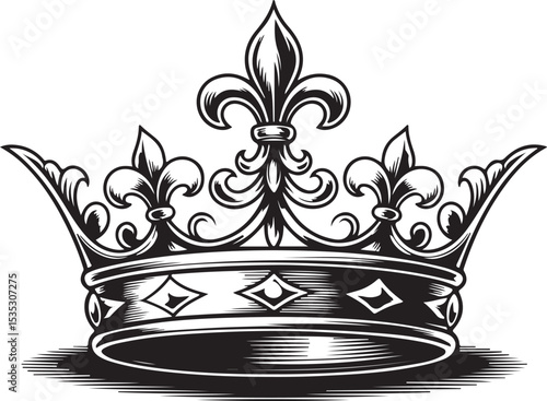 royal crown detailed vector vintage black and white style with elegant ornaments and fleur de lis elements