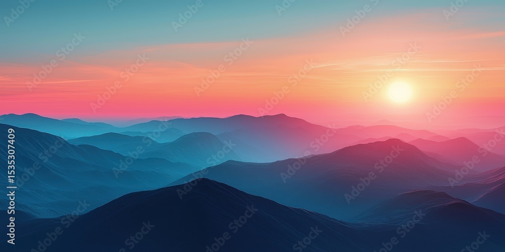 Fototapeta premium Mental wellness with spa and balance idea. Vibrant sunrise over layered mountain silhouettes.