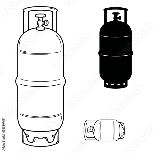 Gas cylinder tanks in various colors and contents, LPG propane butane bottle containers, hydrogen and oxygen gas cylinder fuel
