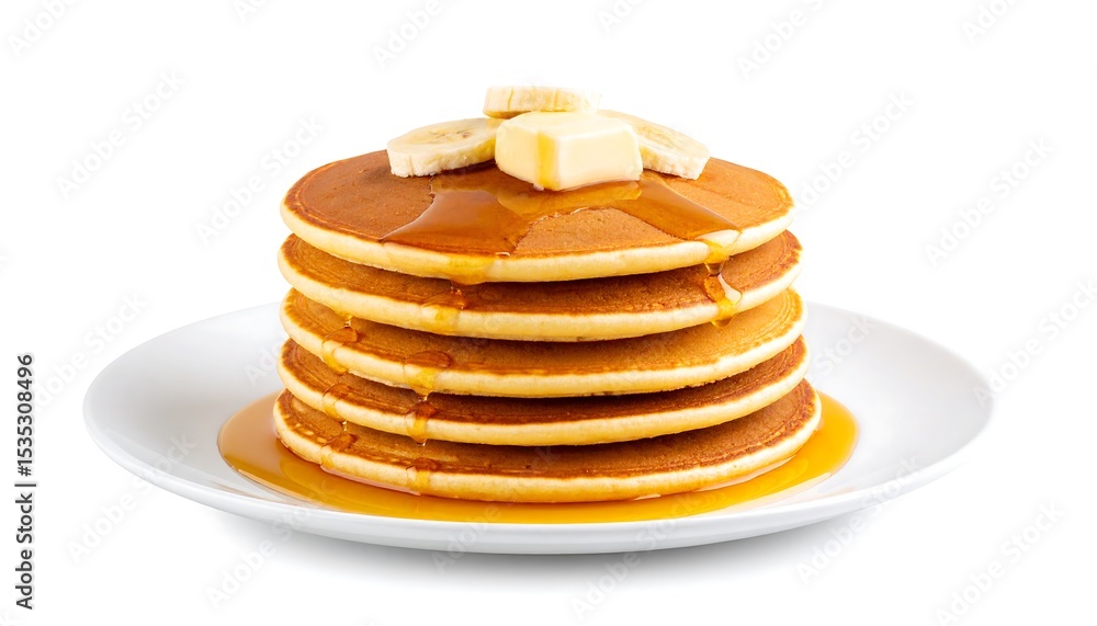 Stacked pancakes with butter and banana slices Stacked pancakes with butter and banana slices