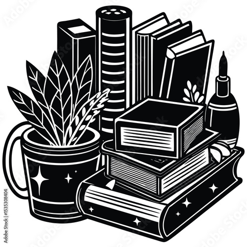 Enchanted Library Books, Plants, and Cozy Reading Nook Illustration