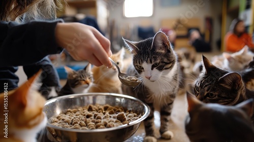 Volunteer Feeding Cats at Local Animal Shelter