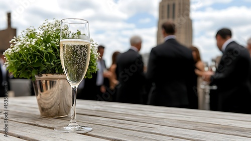 Luxury corporate gala event on a skyscraper rooftop new york city celebration urban elevated view elegance