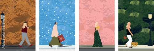 Vector illustration featuring four stylish women walking through the seasons: autumn, winter, spring, and summer.  A cohesive seasonal concept for editorial use, posters, or seasonal design projects.