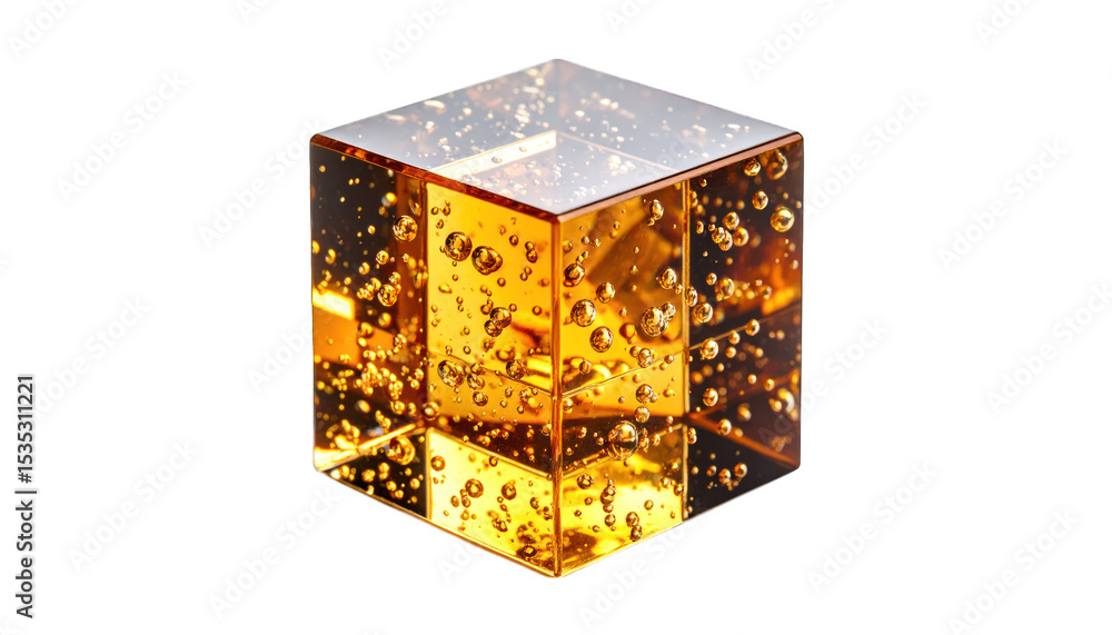 Obraz premium Amber glass cube with bubbles isolated on transparent background