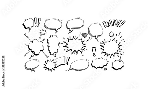 Collection of various handdrawn comic book speech bubbles for adding dialogues and captions to illustrations, comics, or designs.