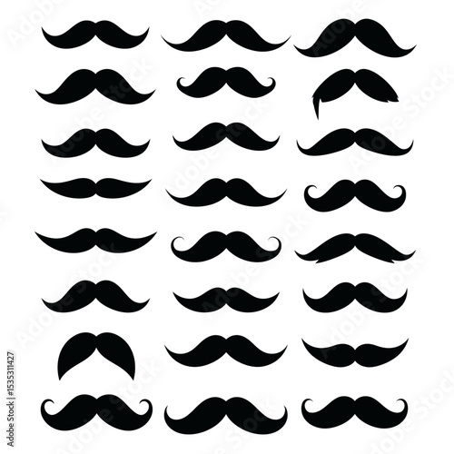 Moustache icons. Black moustaches, man accessories or props. Barber shop, gentlemen model face hairs. Isolated hipster fashion vector set