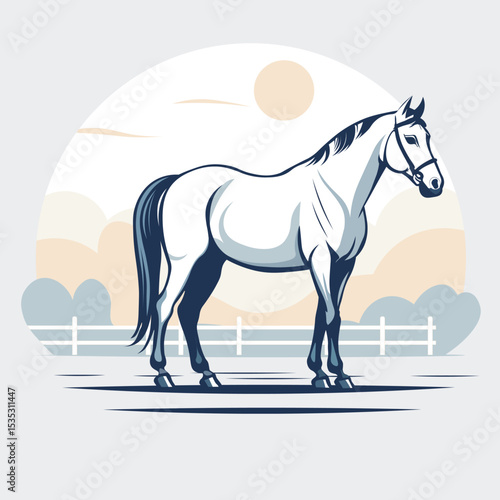 Minimalist flat vector celebrating World Horse Day, featuring a graceful horse on a white background with clean lines and soft colors, symbolizing strength, freedom, and beauty. july 11, sun