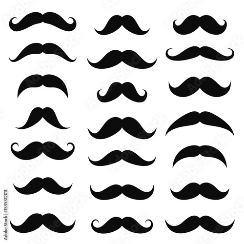 Moustache icons. Black moustaches, man accessories or props. Barber shop, gentlemen model face hairs. Isolated hipster fashion vector set
