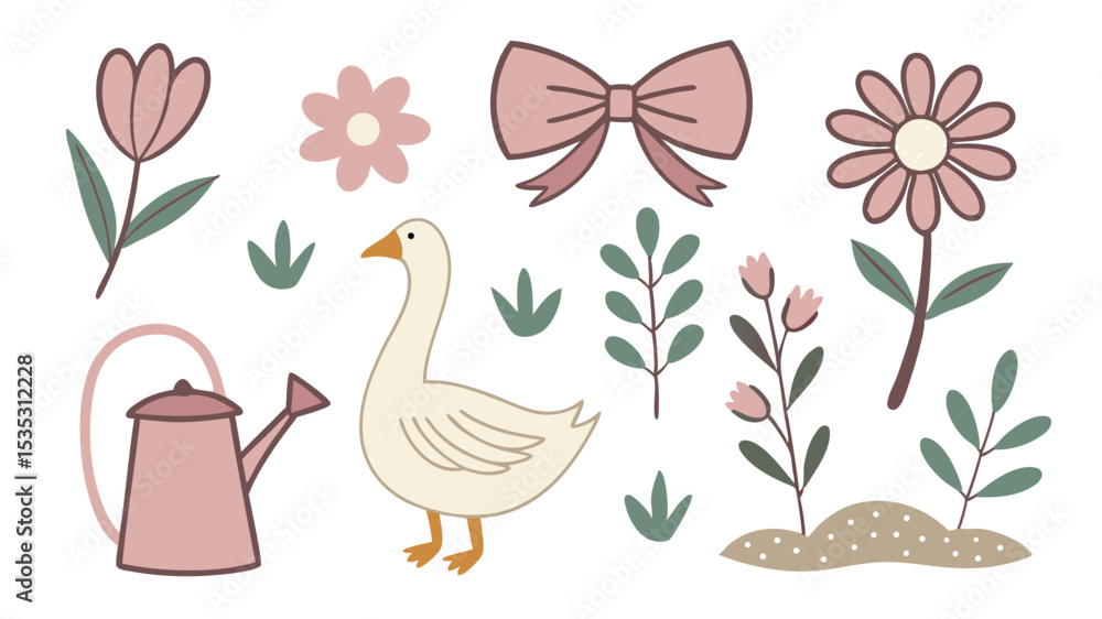 Fototapeta premium Cottagecore Garden Goose and Floral Elements Vector Illustration for Scrapbooking, Nursery Decor & Spring Greeting Card Designs (EPS)