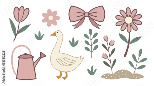 Adorable hand drawn spring garden elements featuring flowers goose bow and watering can vector