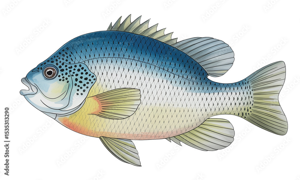 Fototapeta premium Realistic Watercolor Illustration of a Bluegill Sunfish