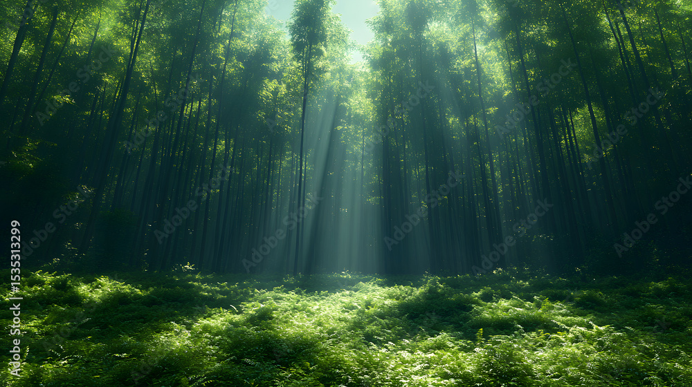 Fototapeta premium Sunlight filtering through dense forest, illuminating lush green undergrowth