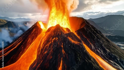 Spectacular volcano erupting with flowing lava against mountainous landscape with smoke and ash rising in the sky, nature's fury
