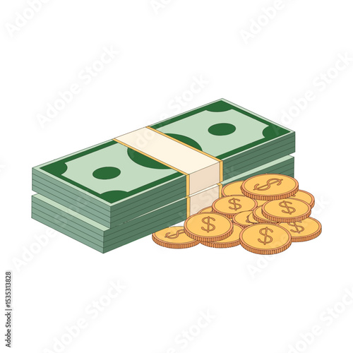 Stack of us dollar bills and gold coins representing wealth and finance on white background