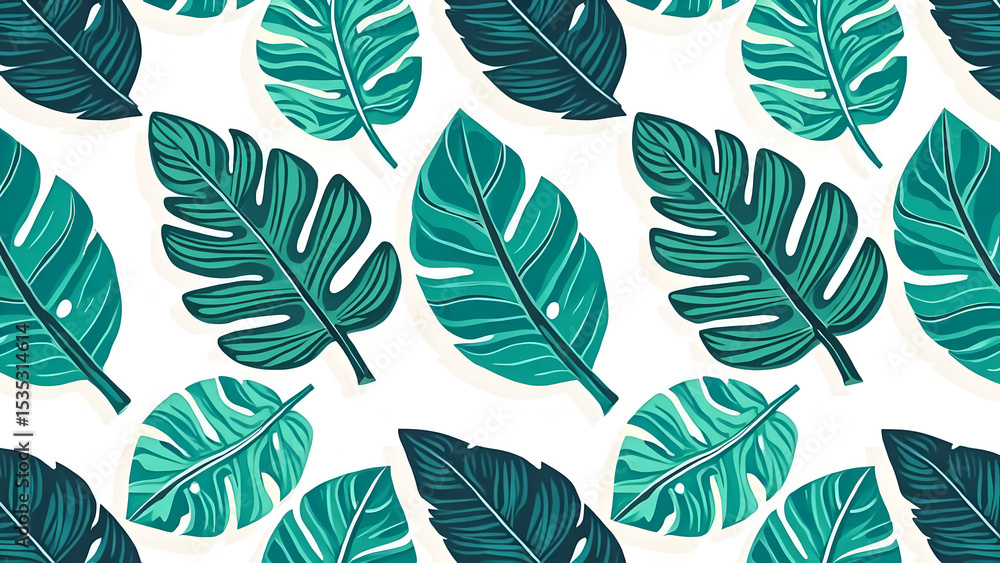 Tropical leaves pattern in shades of teal and green on white background Tropical leaves pattern in shades of teal and green on white background