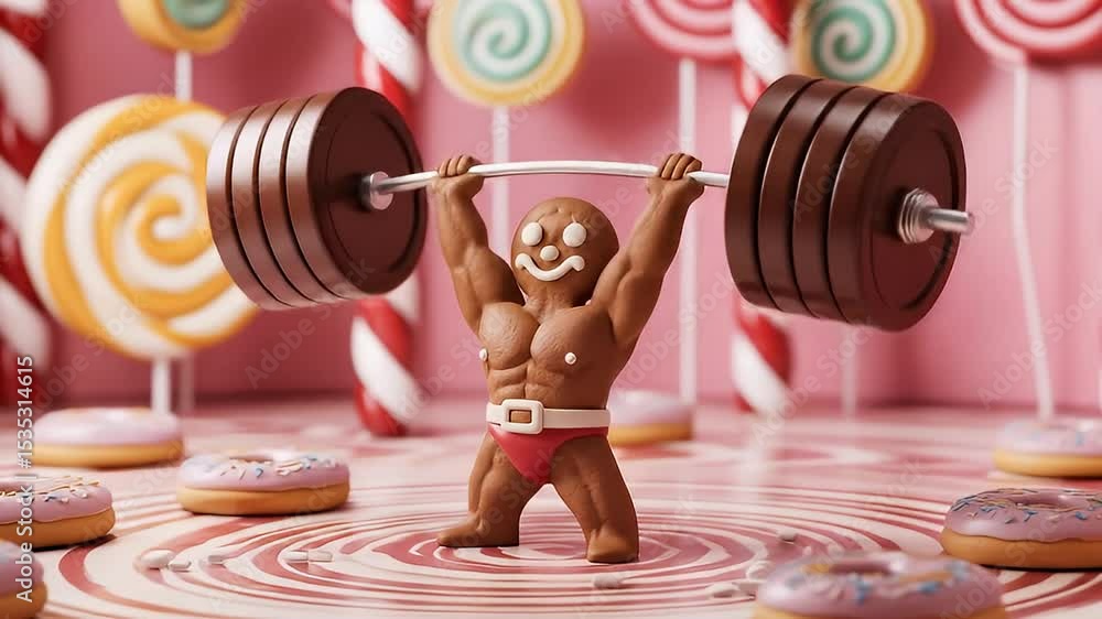 Dessert cartoon gingerbread man lifting weights in a candy gym with peppermint decor