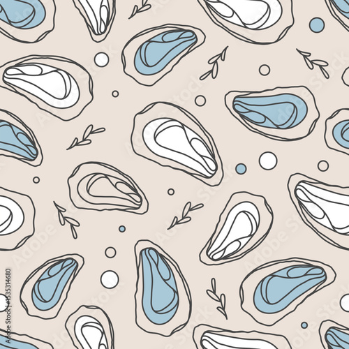 Line art seamless pattern with oysters or mussels. Seafood background. Vector illustration.