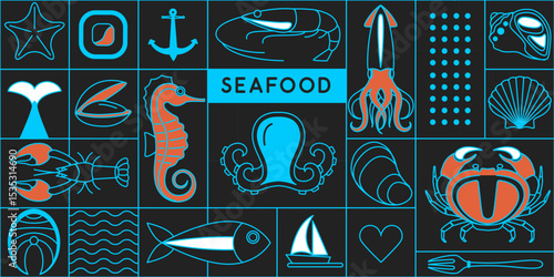 Flat seafood poster or banner with crab, fish, shrimp, oysters, octopus, squid, shell and lobster. Restaurant seafood menu design. Vector illustration