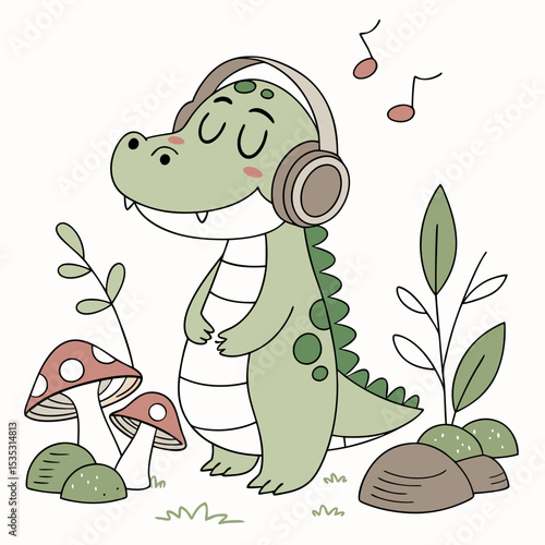 Whimsy Woods colored Crocodile with a Bashful touch, placed in a Fairy forest theme and styled with wearing headphones