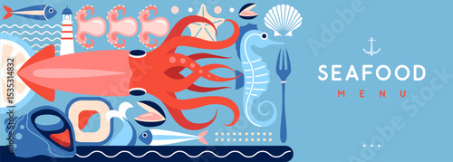 Flat seafood poster or banner with sea horse, fish, octopus, scallop and lighthouse. Restaurant seafood menu design. Vector illustration
