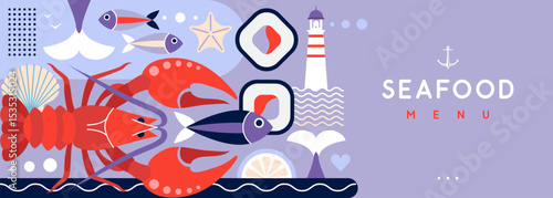Flat seafood poster or banner with lobster, fish, sushi, scallop and lighthouse. Restaurant seafood menu design. Vector illustration