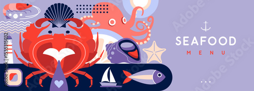 Flat seafood poster or banner with crab, fish, octopus, scallop and lighthouse. Restaurant seafood menu design. Vector illustration