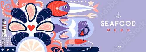 Flat seafood poster or banner with salmon, fish, shrimp, oysters, octopus and lighthouse. Restaurant seafood menu design. Vector illustration