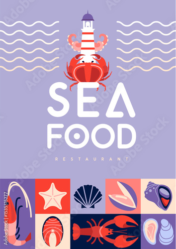 Flat seafood poster or banner with  fish, shrimp, oysters, octopus, shell and lobster. Restaurant seafood menu design. Vector illustration