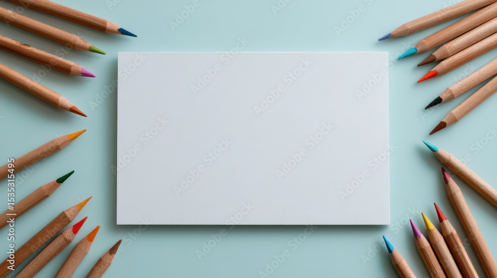 Fototapeta premium Clean white paper with colored pencils on pastel mint background