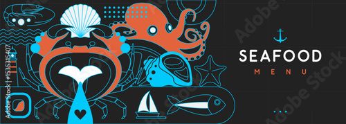 Flat seafood poster or banner with crab, fish, octopus, scallop and lighthouse. Restaurant seafood menu design. Vector illustration