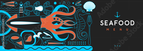 Flat seafood poster or banner with sea horse, fish, octopus, scallop and lighthouse. Restaurant seafood menu design. Vector illustration