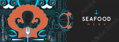 Flat seafood poster or banner with crab, fish, octopus, scallop and shrimps. Restaurant seafood menu design. Vector illustration