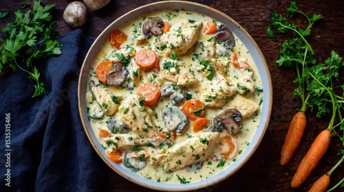 Creamy chicken fricassee with carrots and mushrooms in a bowl